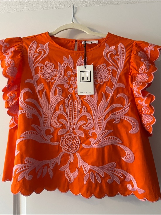 THML Tops - THML Orange Blouse with Pink Floral Embroidery